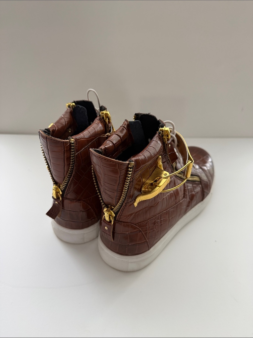 Brown Croc-Embossed High-Top Sneakers with Gold Accent - Picture 2 of 6